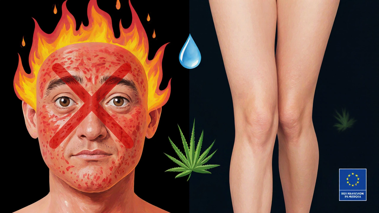 Dvě části obrázku: levá ukazuje podrážděnou kůži na nevhodných místech, pravá ukazuje bezpečně očištěnou kůži.