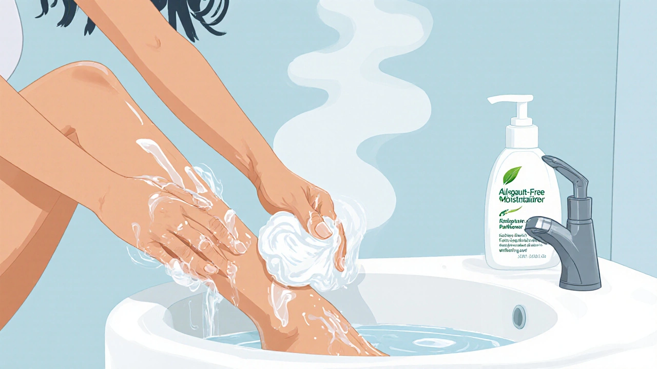 Žena opatrně oplachuje depilační krém teplou vodou, na pozadí hydratační krém bez parfému.