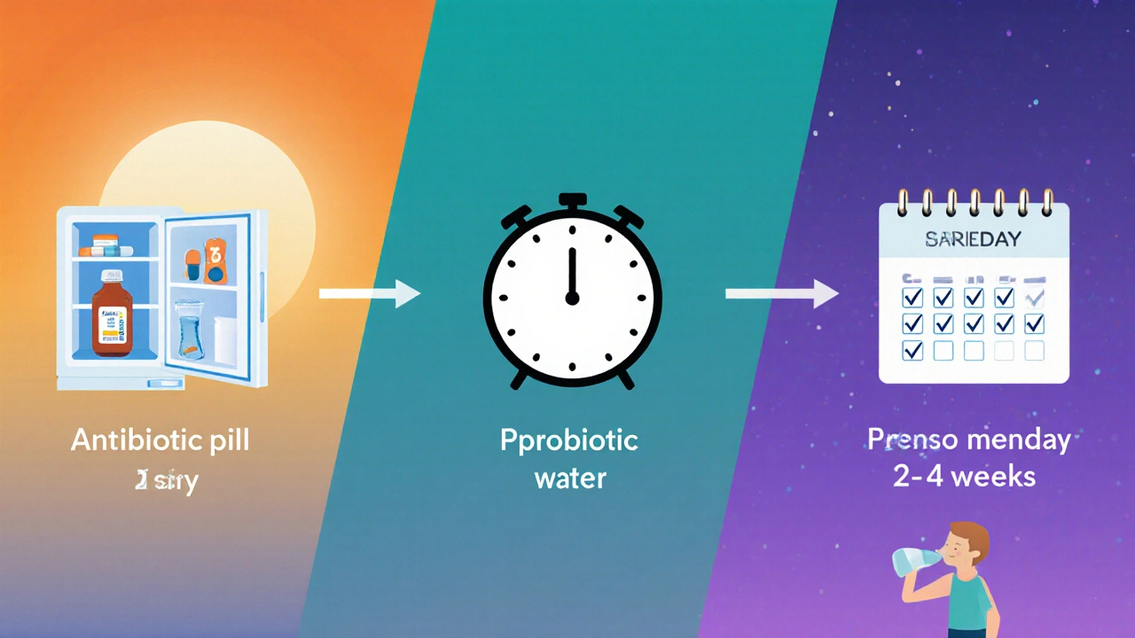 Denní rutina s probiotiky, antibiotiky, ledničkou a kalendářem.