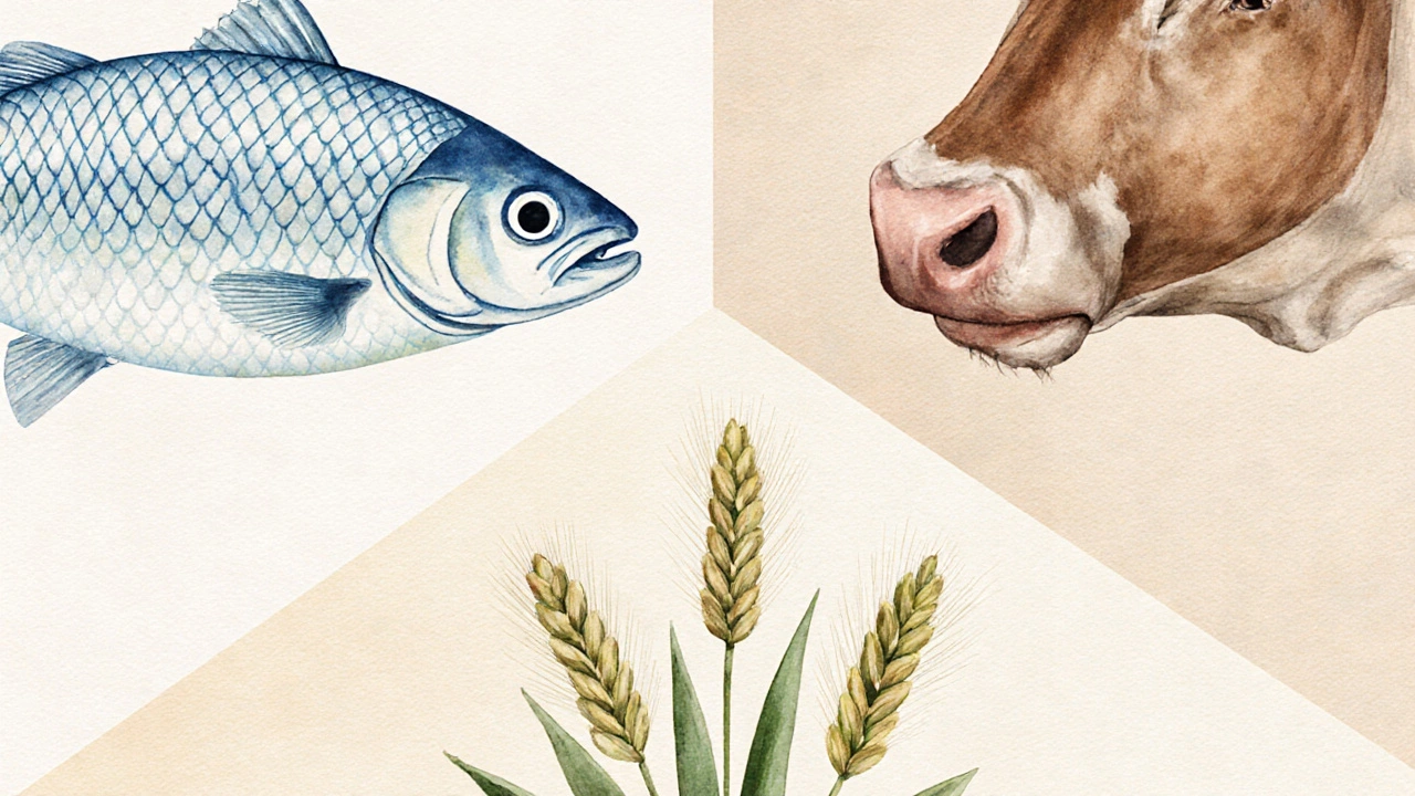 Ilustrace zdrojů kolagenu: rybí šupiny, kráva a sójové lusky v trojúhelníku.