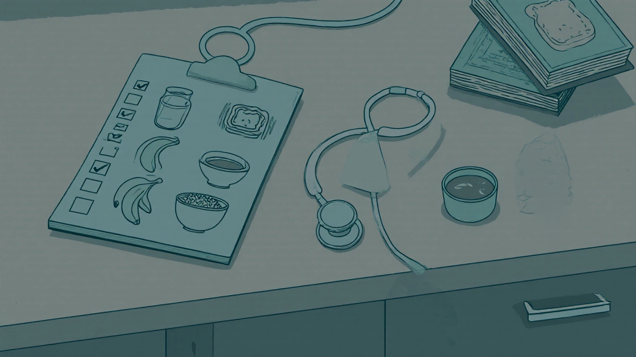 Kontrolní seznam s potravinami a zdravotními doplňky, vedle stetoskopu a lékařské siluety.