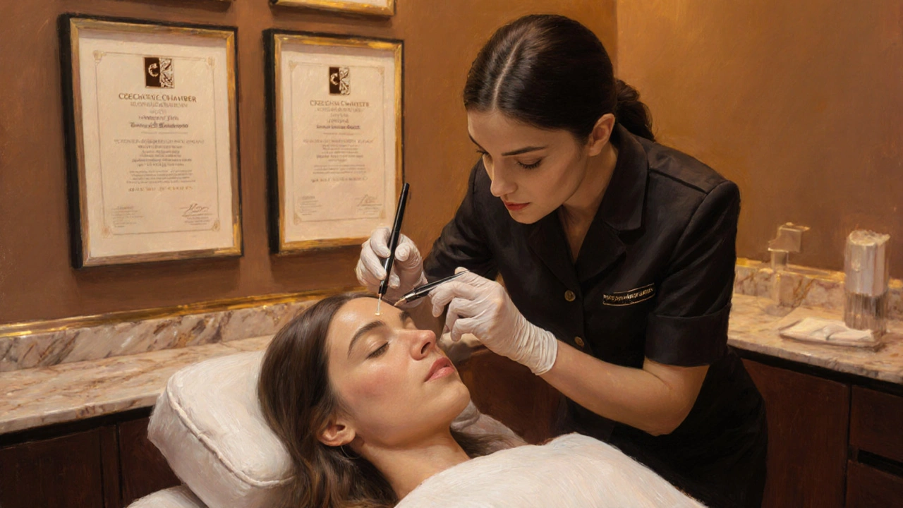 Kosmetička provádí microblading v luxusním spa s viditelnými certifikáty na zdi.
