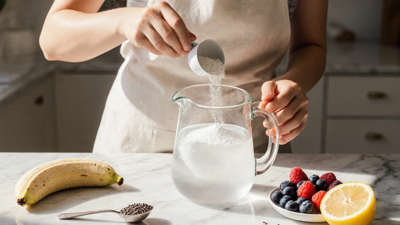 Kuchyň, žena míchá kolagenový smoothie s ovocem, citronem a chia semínky.