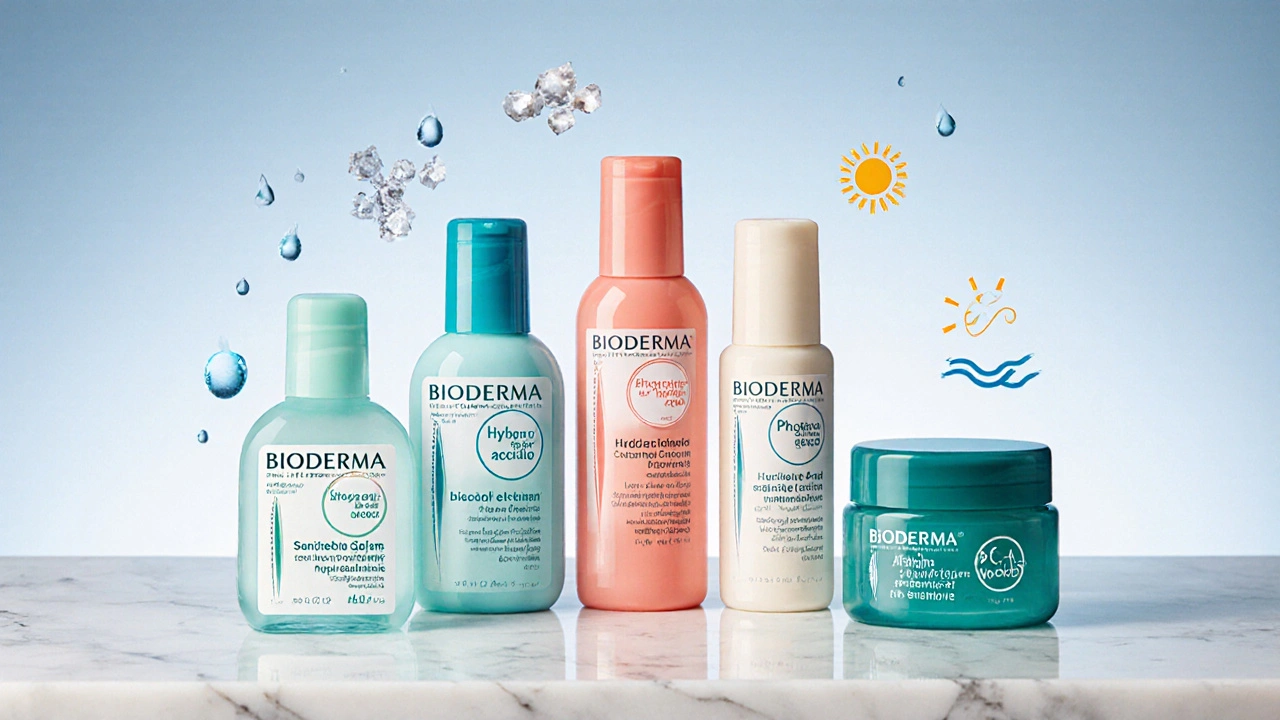 Pěti elegantním lahvím řad Sensibio, Hydrabio, Photoderm, Atoderm a Cicabio na bílém kameni s vizuálními prvky ingrediencí.