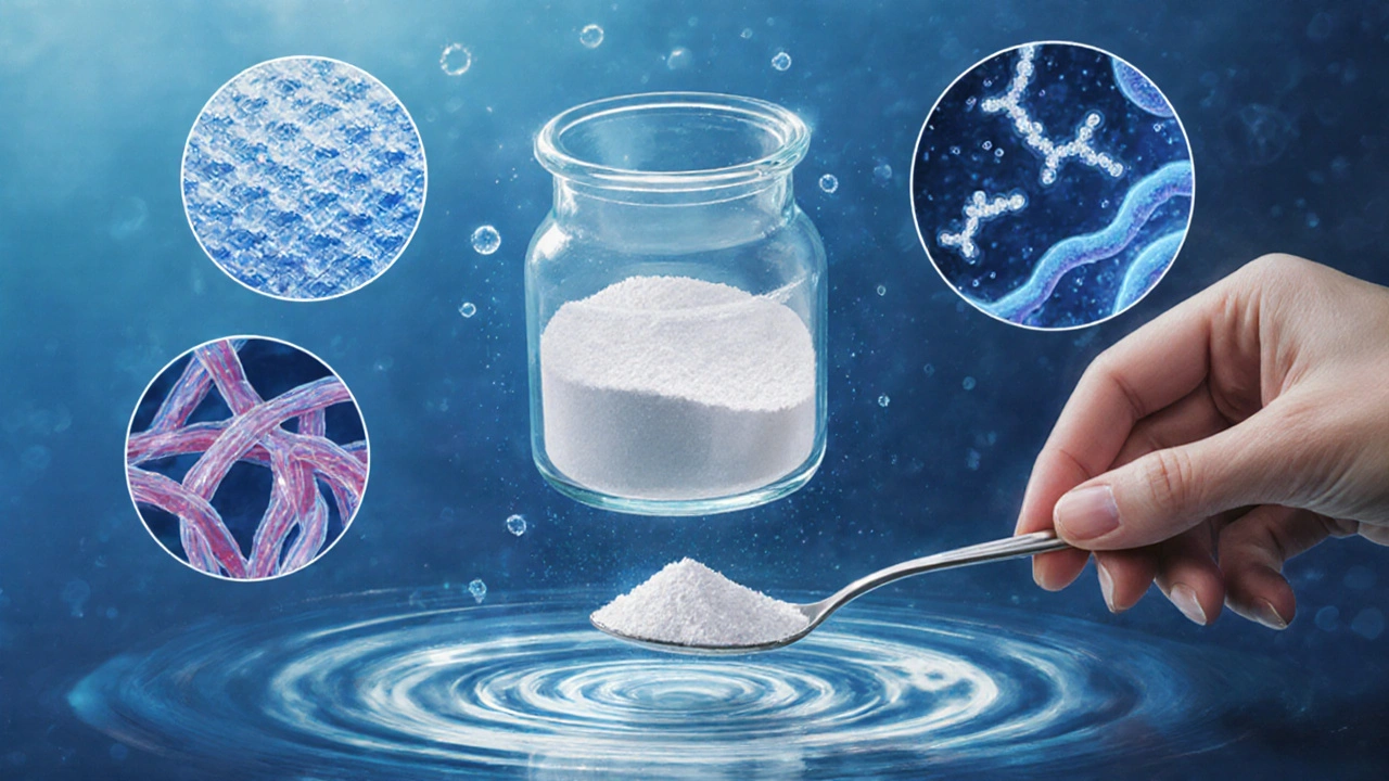 Prášek mořského kolagenu v skleničce, který se rozpouští ve vodě, s mikroskopickými obrazovými prvky kolem.