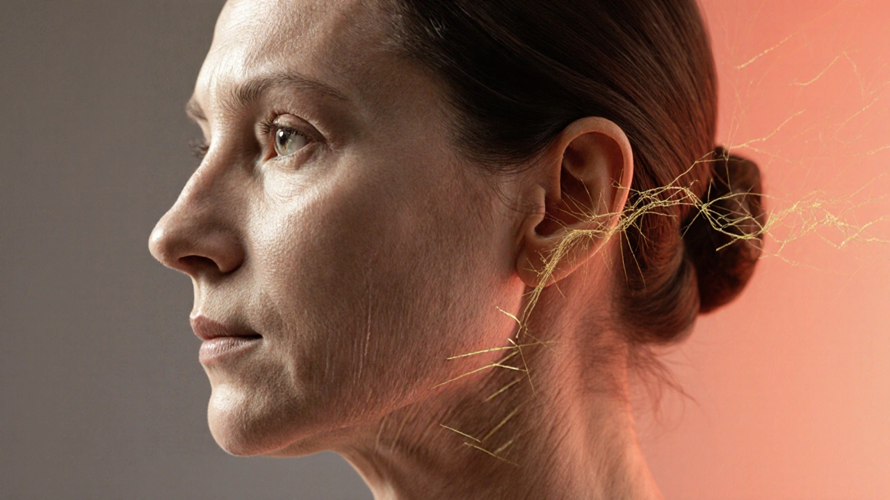 Příčný pohled na obličej s porovnáním staré a obnovené pleti, kde kolagen obnovuje pružnost.