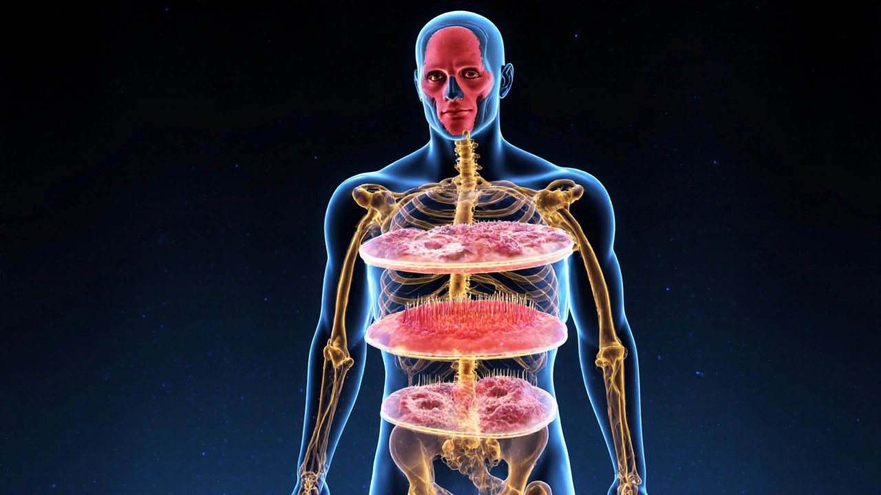 Průhledný lidský tělo s ukázkou biochemických poruch způsobených nedostatkem vitamínů.