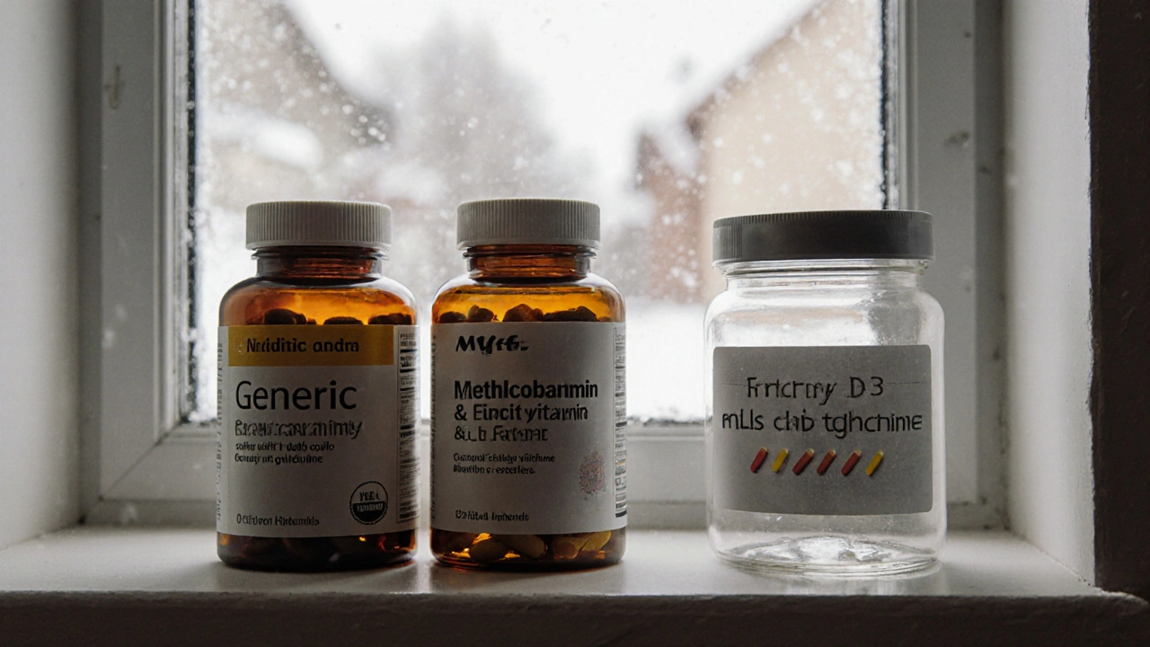 Regál s třemi doplňky: levný, kvalitní a prázdný, za oknem zimní krajina.