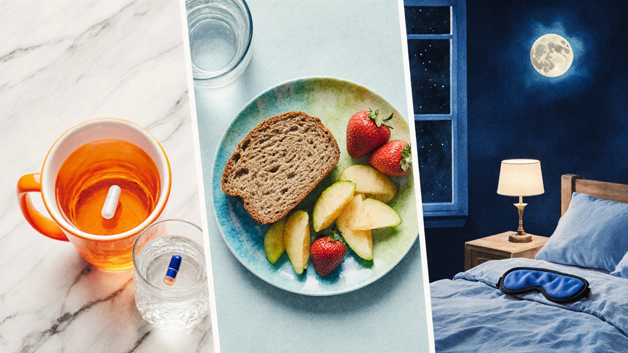 Tričko doplňků probiotik na snídani, po jídle a před spaním v kuchyni.