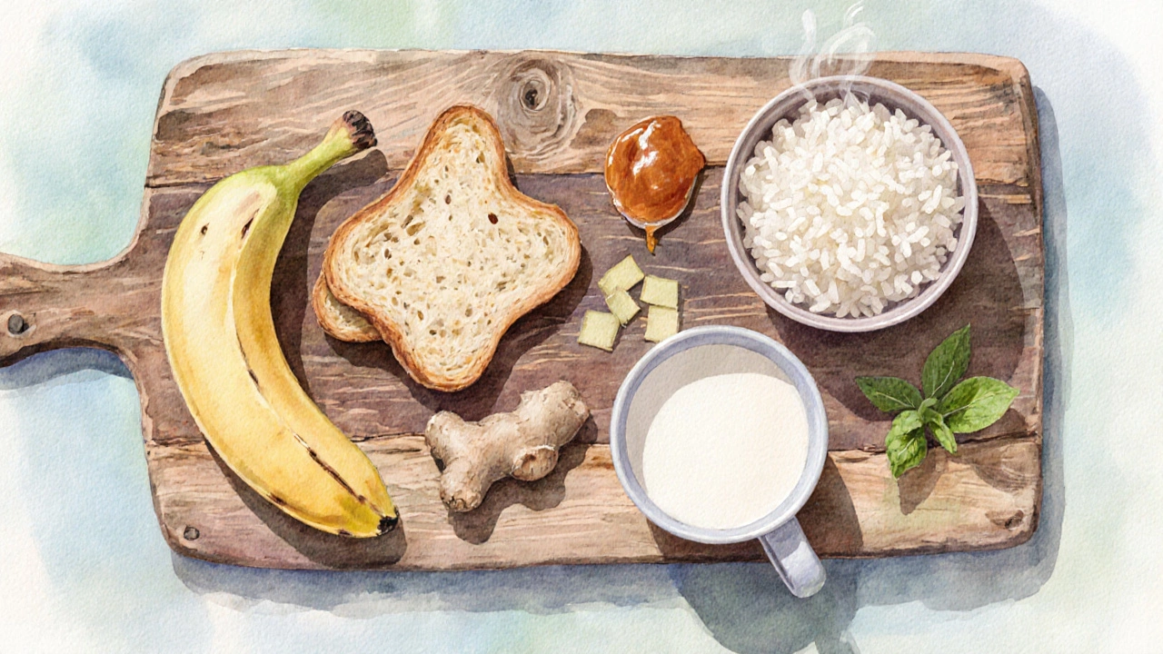 Vodorovný pohled na banán, rýži, jablečnou omáčku, toast, kefír, jogurt, zázvor a mátový čaj.