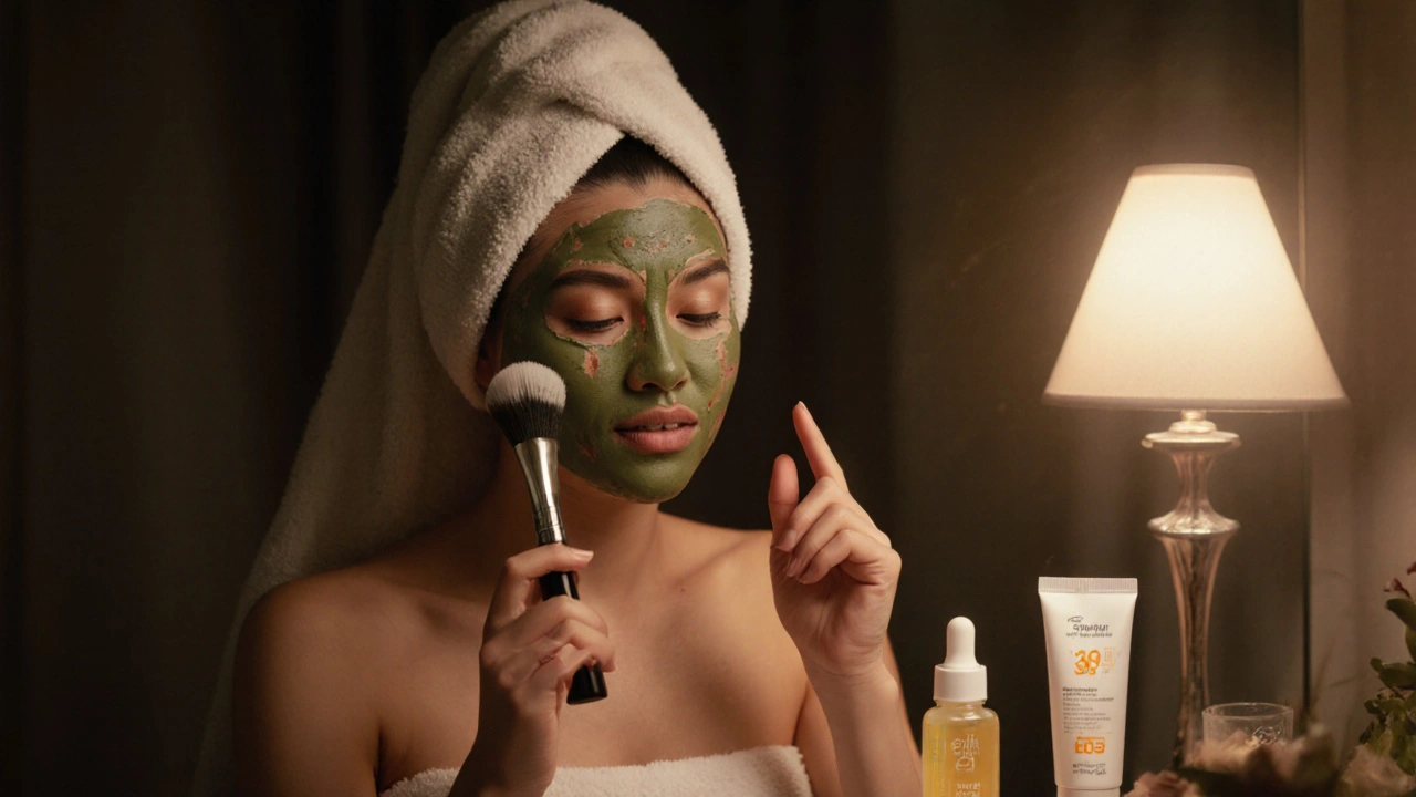 Žena aplikující peeling, následně hydratuje a používá SPF, v klidném koupelnovém prostředí.