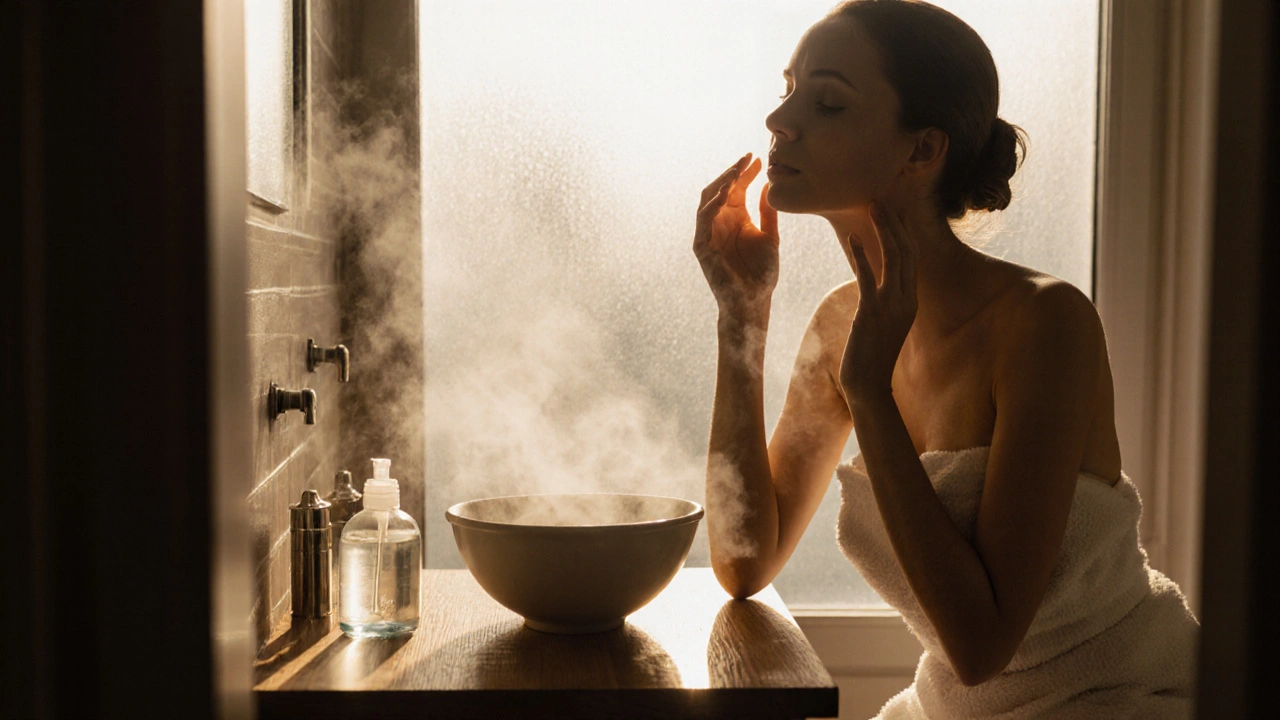 Žena v ručníku provádí masáž obličeje nad parní miskou v koupelně.