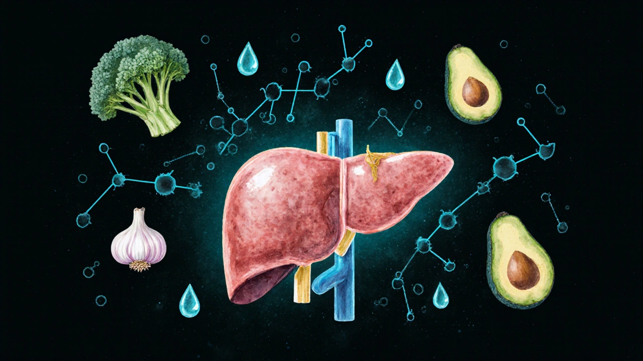 Abstraktní ilustrace játra s přirozenými potravinami podporujícími jeho detoxikaci.