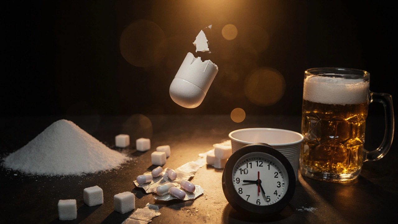 Antibiotikum na stole s cukrem, alkoholem a probiotikem v kapsli.