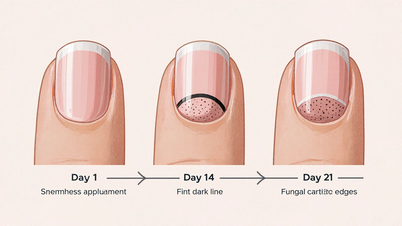 Časová osa ukazující vývoj US kroužku od aplikace až po černou mezera a odlepování.