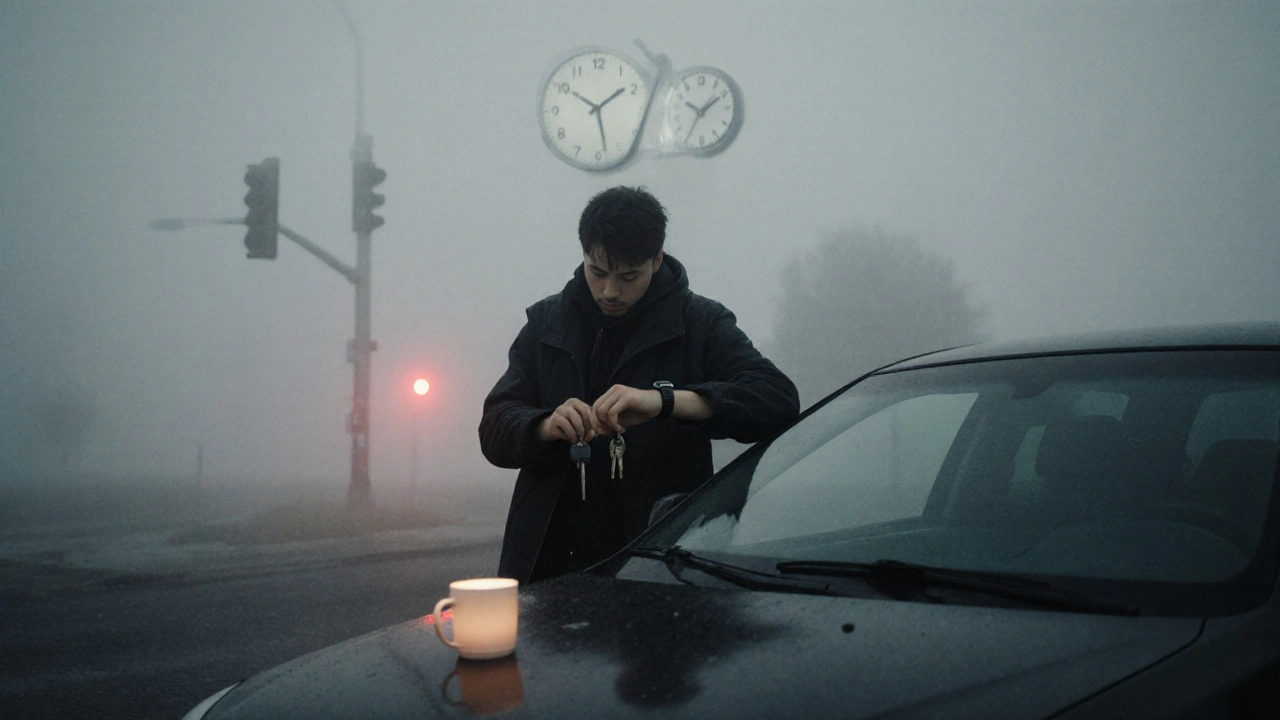 Člověk stojí u auta v mlze, váhá, zda jet na práci, i když se necítí dobře.