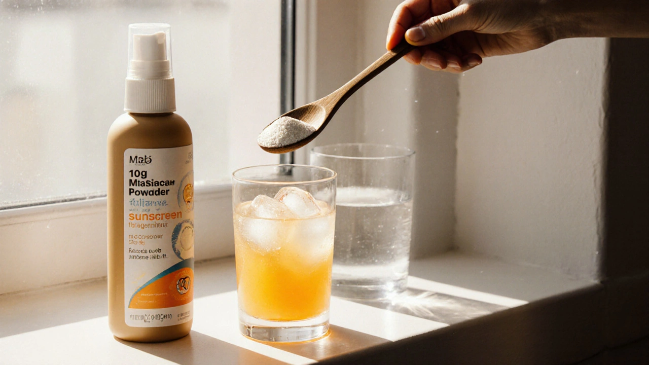 Denní rituál: rybí kolagen v šťávě, vedle solárního krému a sklenice vody na ranním světle.