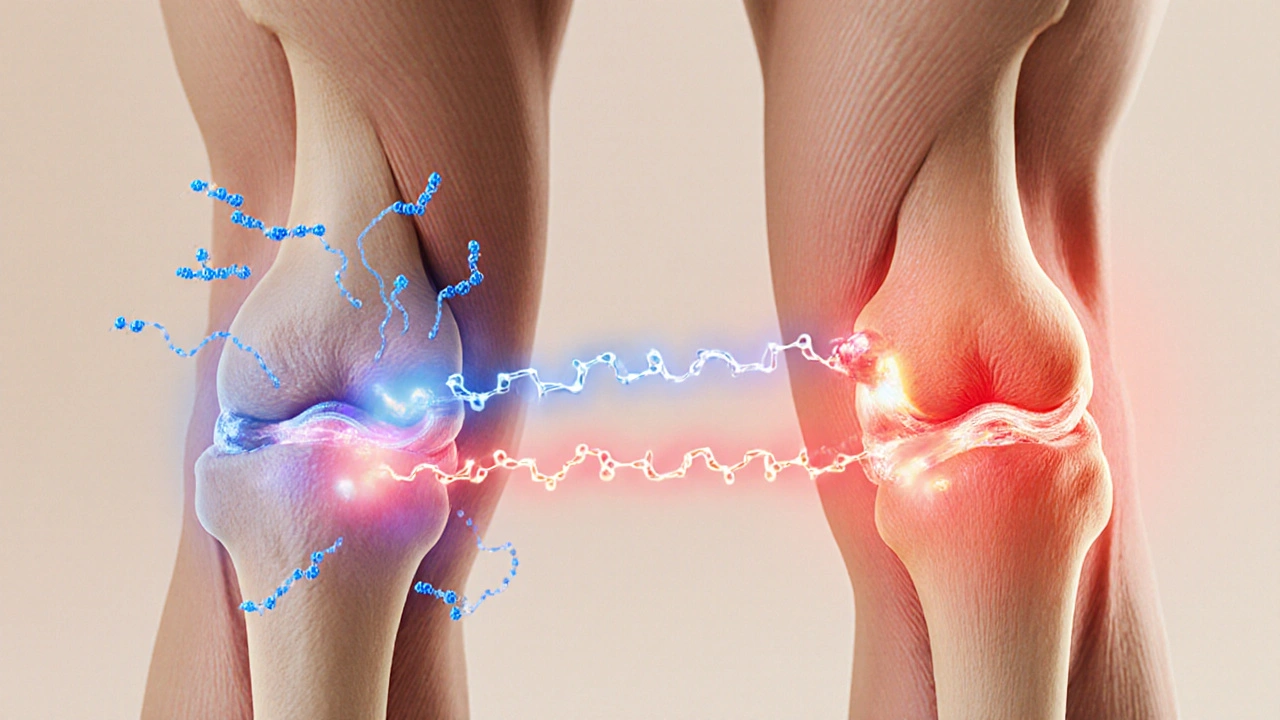 Ilustrace lidské pokožky a kloubů s různě rychlými cestami kolagenu v těle.