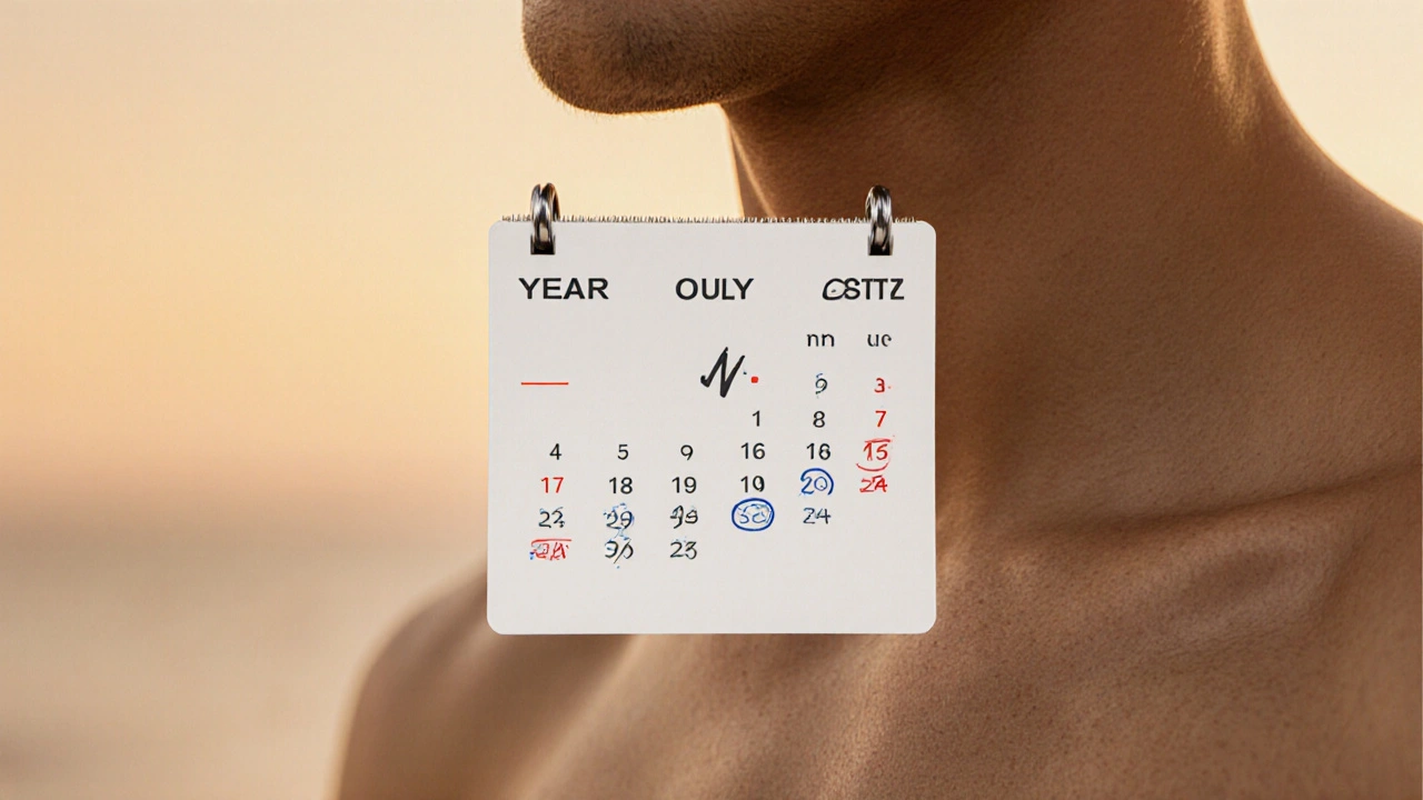 Kalendář s označenými udržovacími sezeními laserové epilace každých 12–24 měsíců.