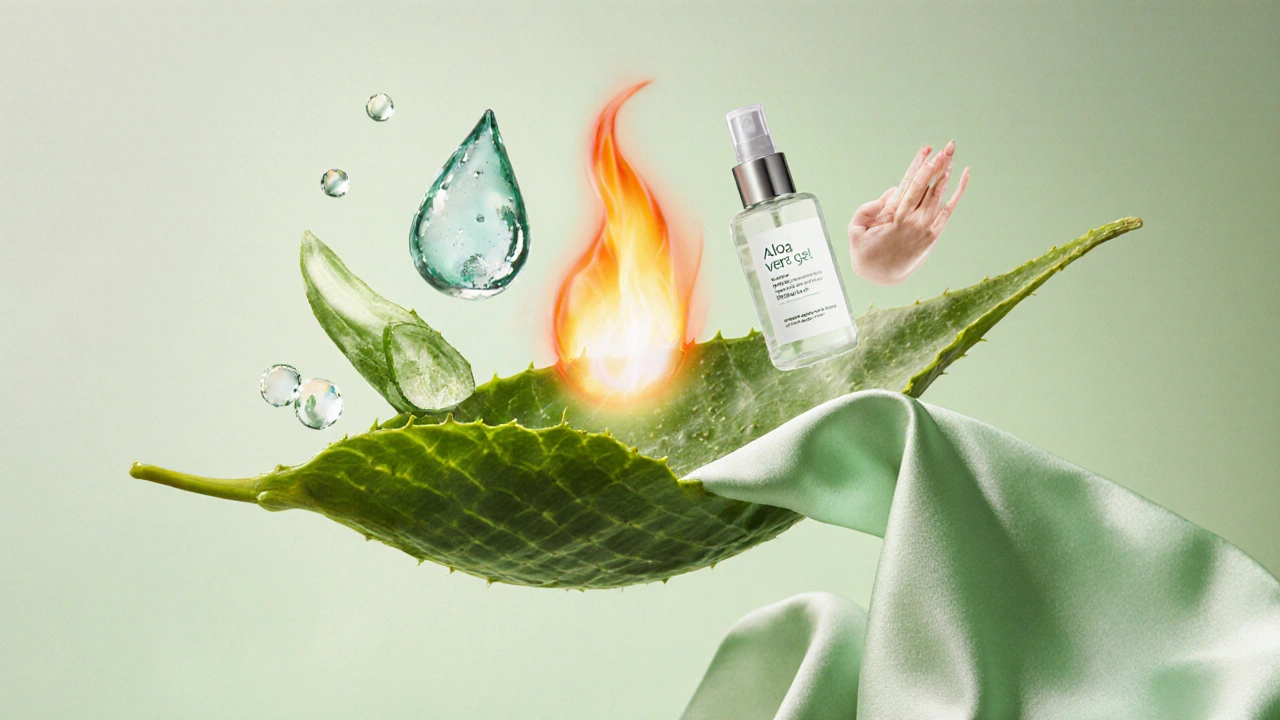 Koncepční obrázek pěti využití gelu aloe vera jako chlazení, hydratace, léčby akné, toniku a péče o ruce.