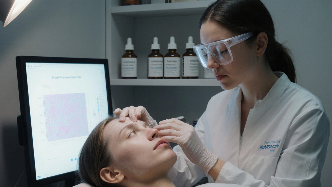 Kosmetička aplikuje chemický peeling klientce v klinice.