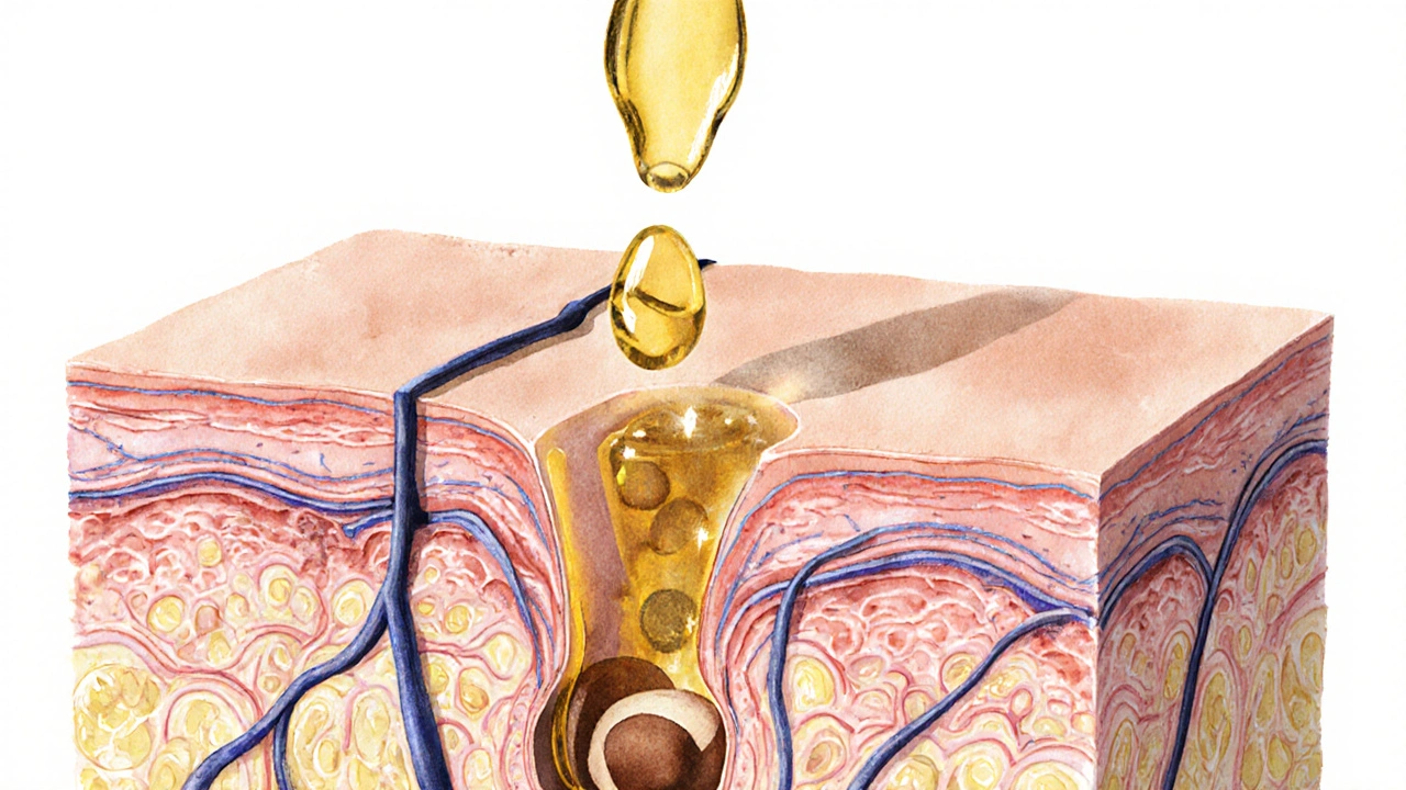 Křížový řez kůže s přirozenými oleji pronikajícími do buněčné membrány, vodní kresba.