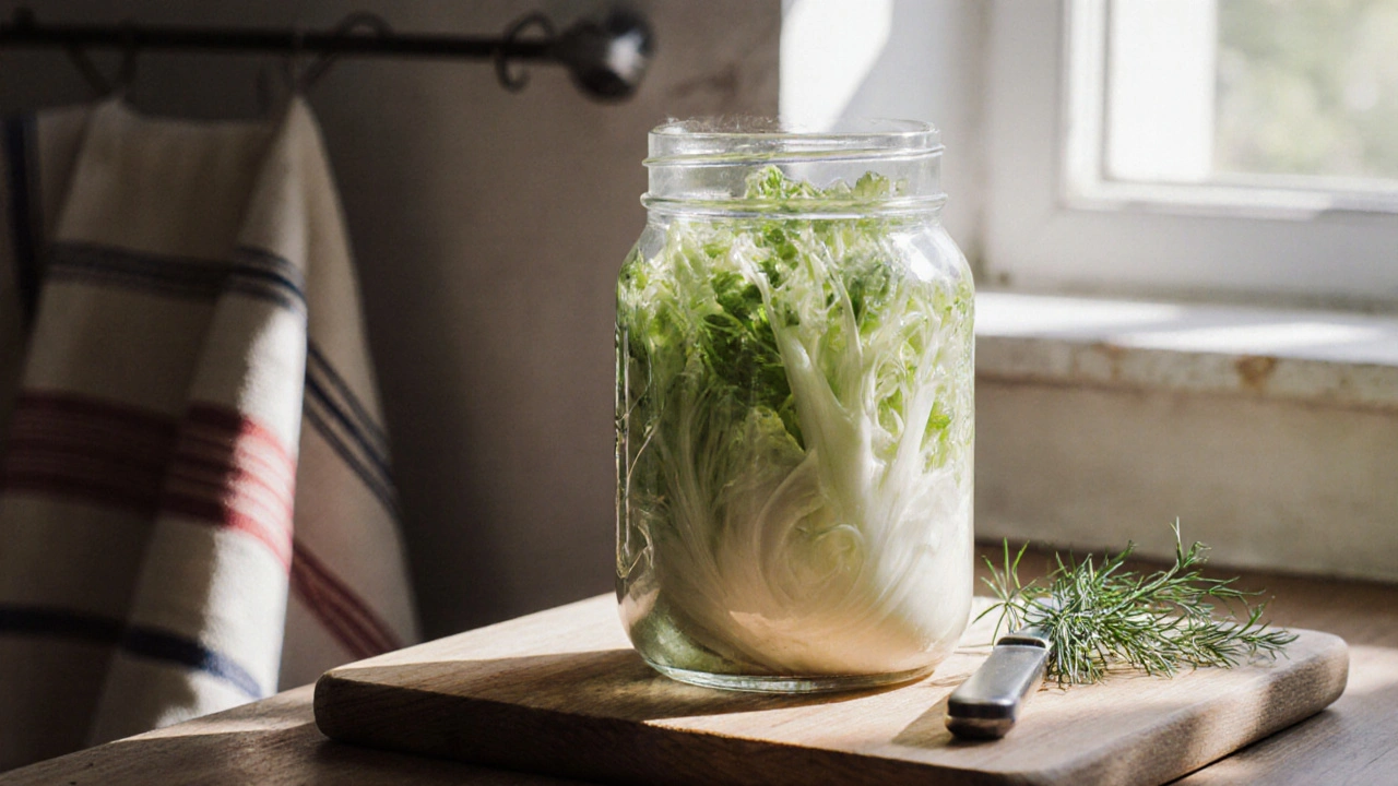Kysané zelí v skleněné nádobě s dillí a nožem