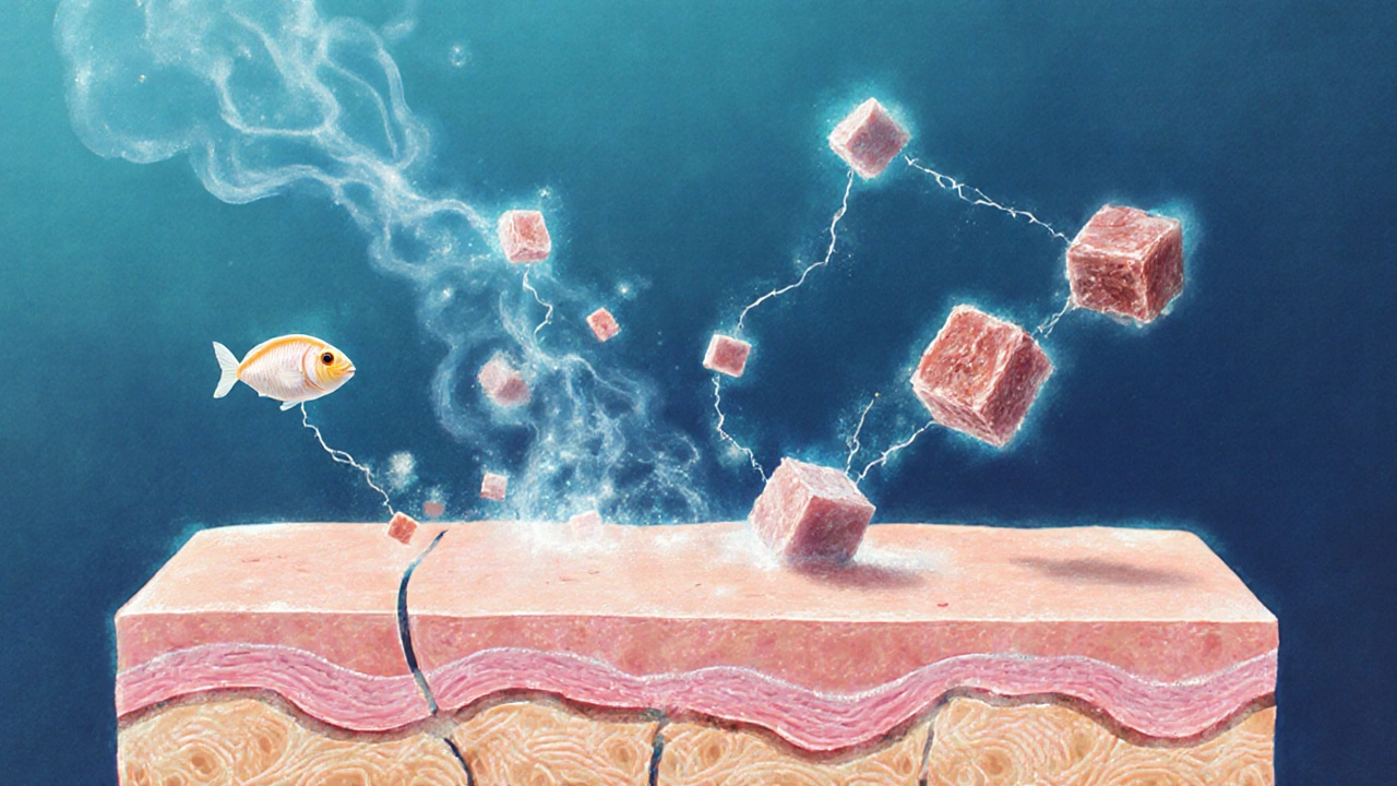 Molekulární obrázek rybího kolagenu, který proniká do kůže, v kontrastu s většími molekulami hovězího kolagenu.