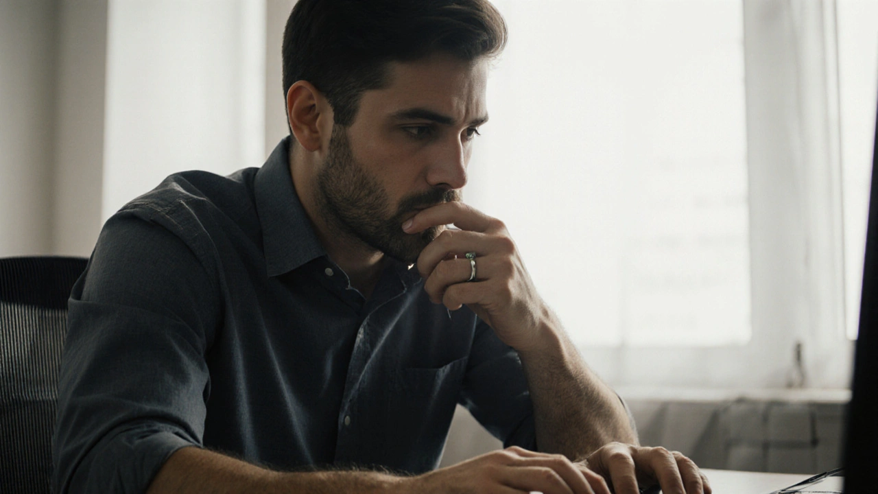 Muž sedí u počítače, drží prstýnek na prstu, aby předešel kousání nehtů.