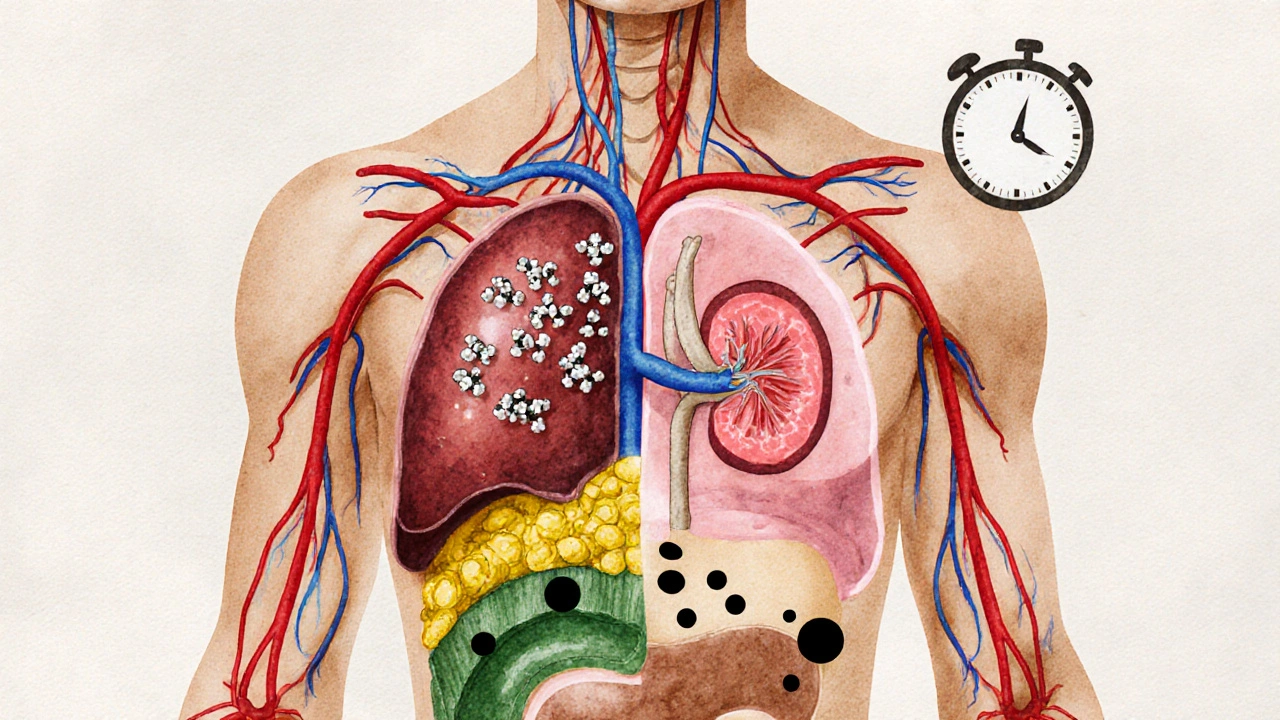 Náčrt lidského těla s cestou metabolitů nikotinu do jater, tuků a vlasů.