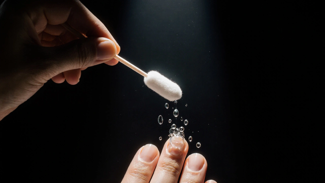 Olejové skvrny odstraňované z nehtů kapalinou v temném prostředí.