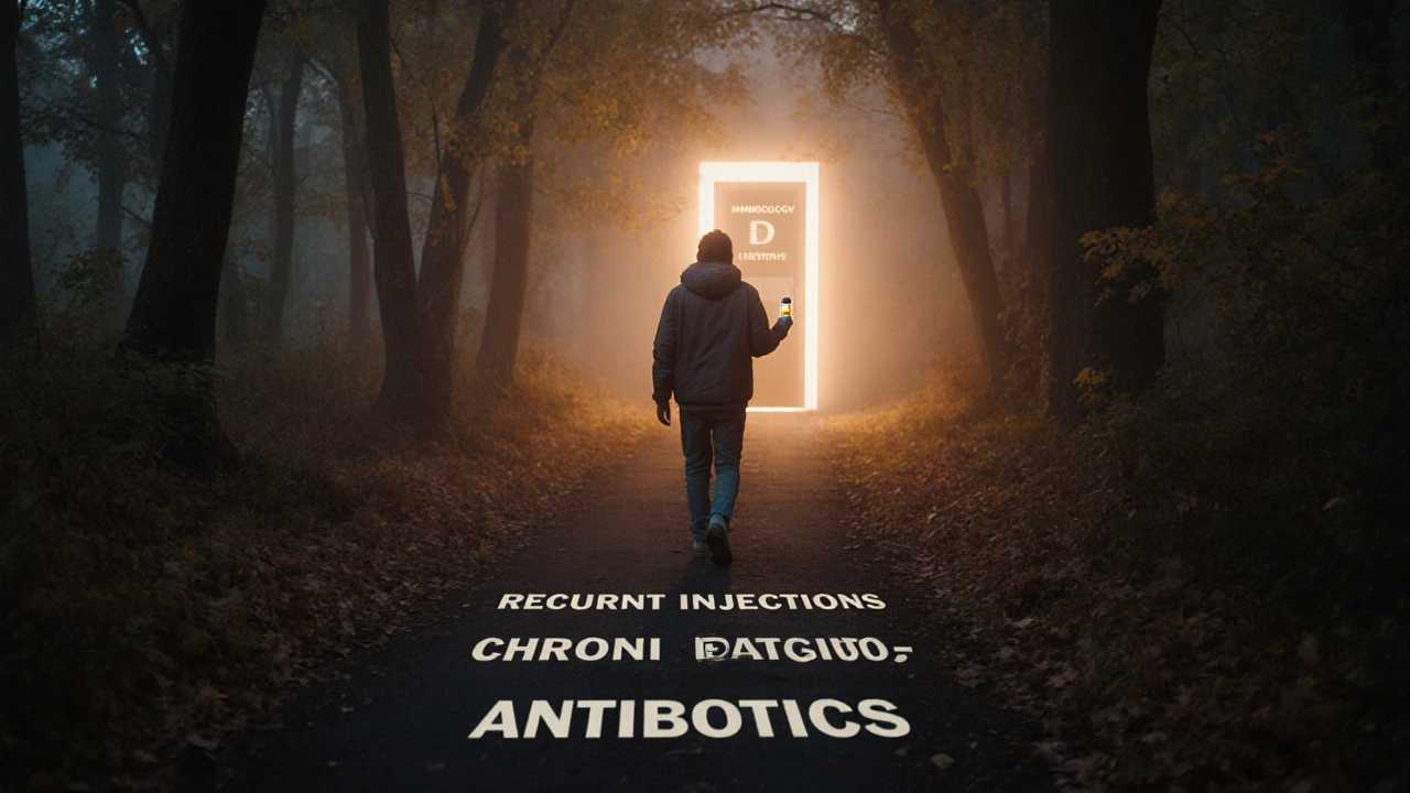 Osoba kráčí skrz mlhavý les směrem k osvětlené dveřím imunologické kliniky v podzimním světle.