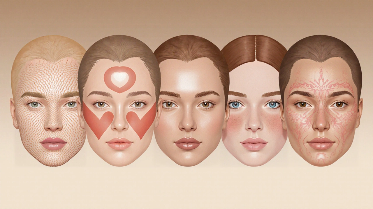 Pět abstraktních portrétů reprezentujících různé typy pleti bez textu nebo štítků.
