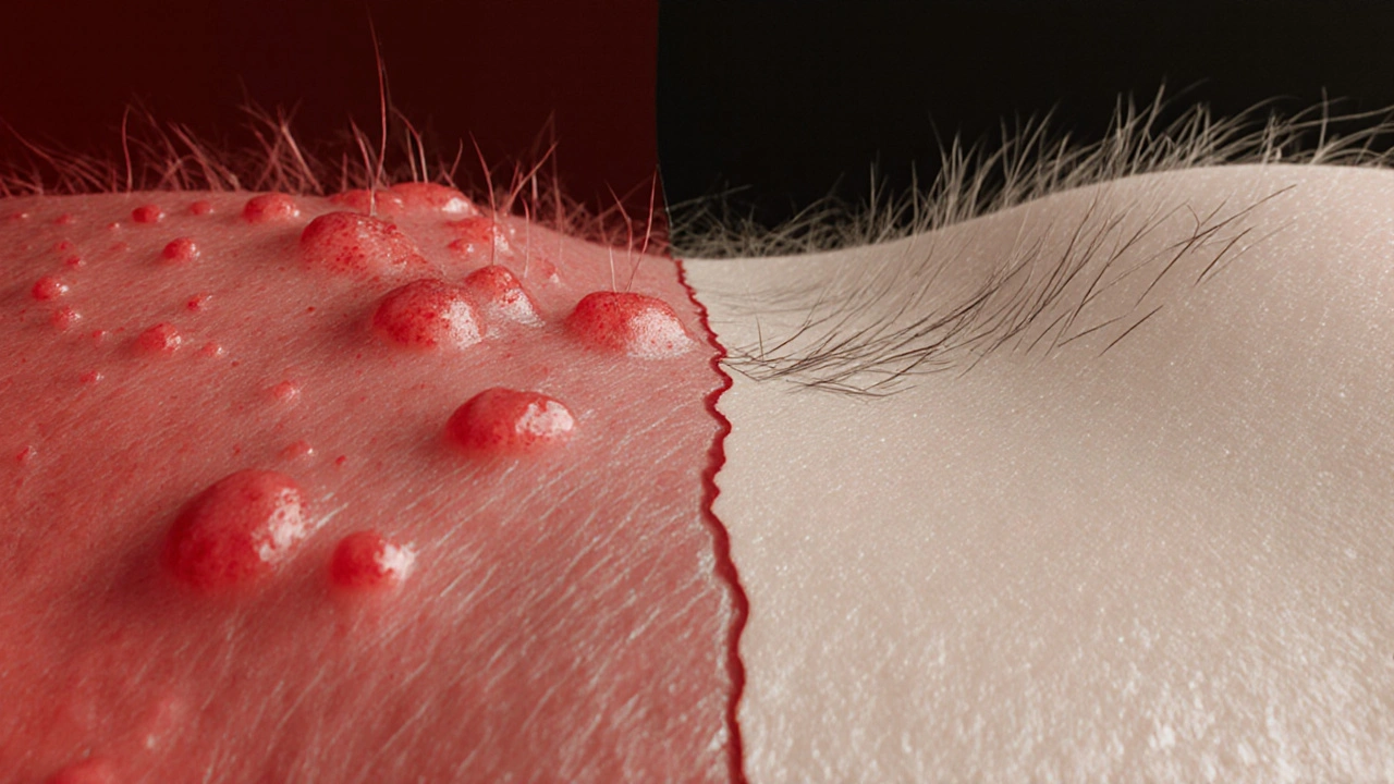 Porovnání podrážděné a zotavující se kůže po přestání holení