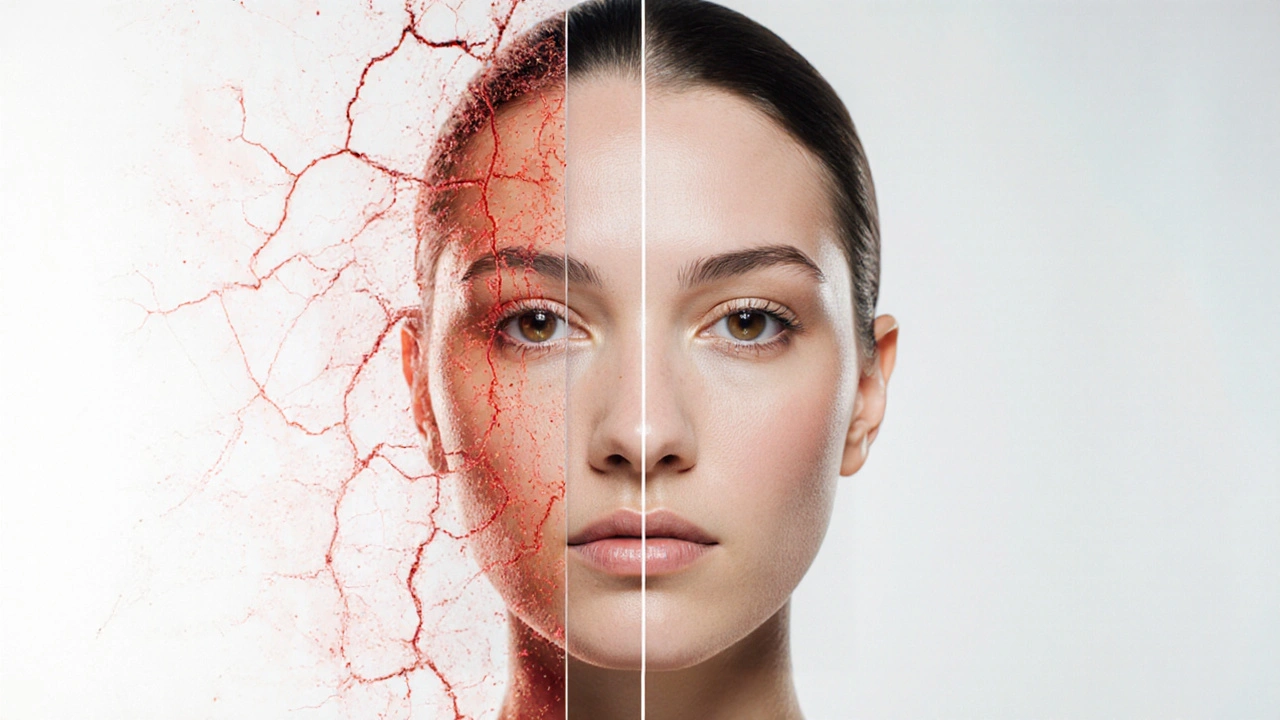 Postupné zlepšení pokožky od zarudnutí k klidné, zdravé pokožce.