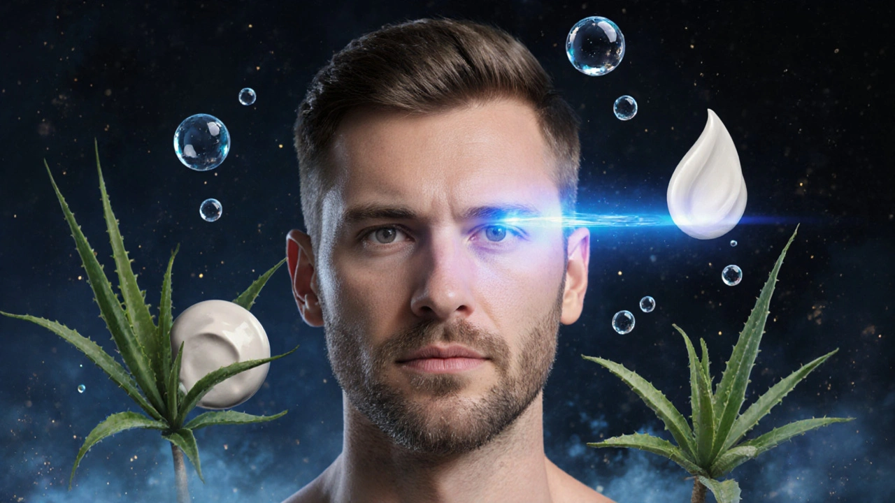 Přechod vousů na obličeji pomocí laserového světla, s hydratačními složkami a listy aloe veray.