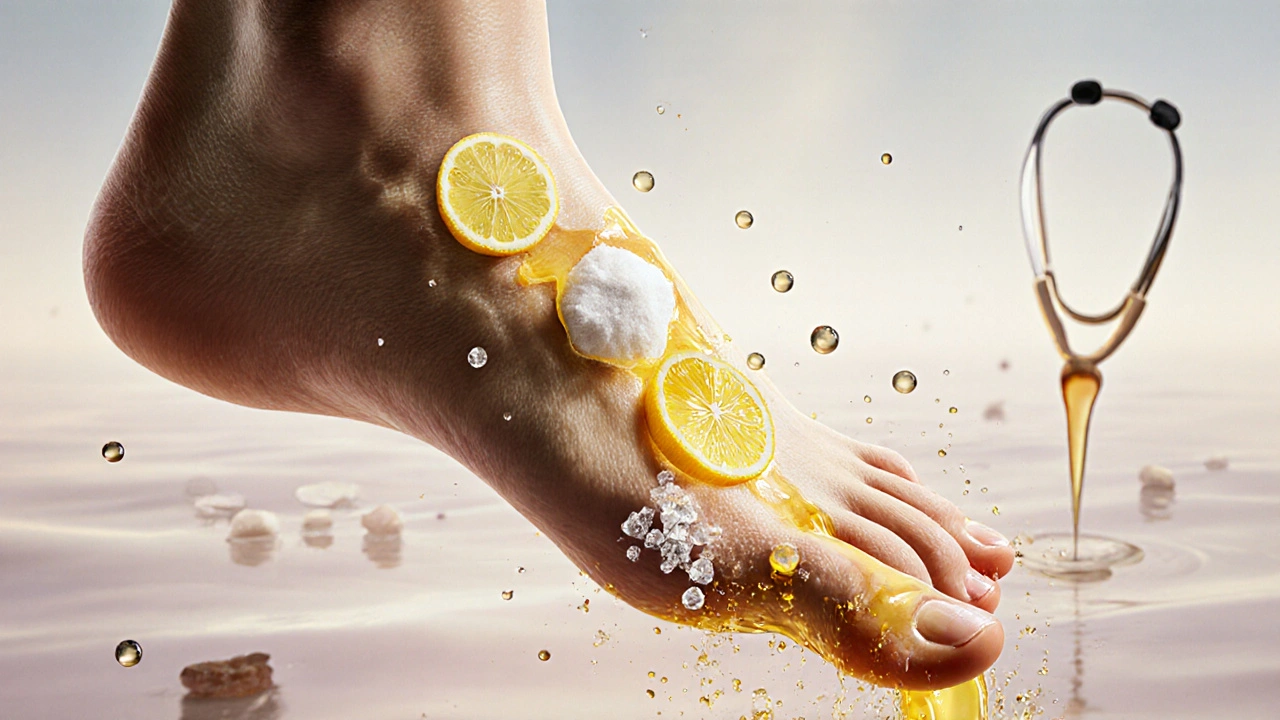 Přechod žlutých chodidel na čisté, zdravé kůži s přírodními ingrediencemi.