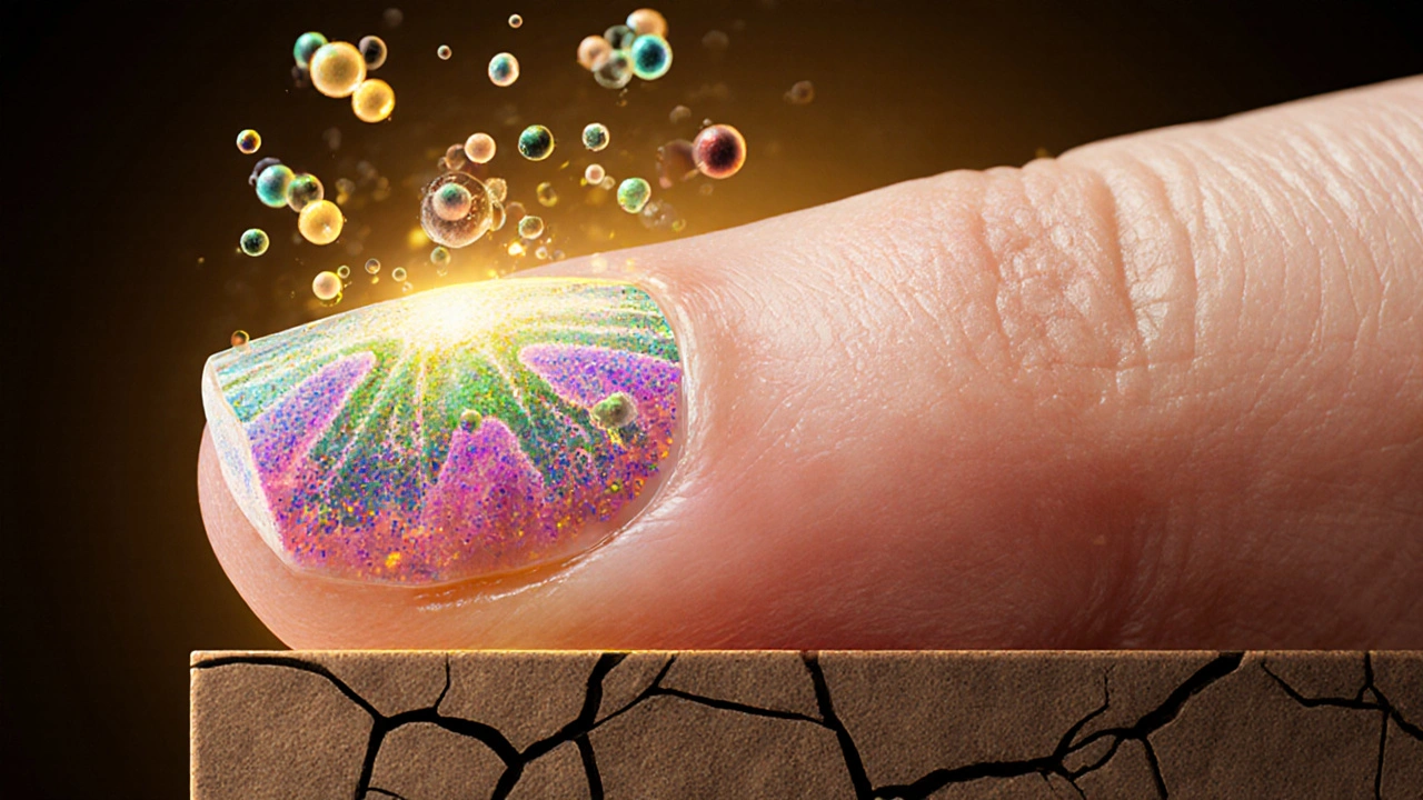 Přehled nehtové matrice s živinami biotinem, zinkem a železem, které podporují silné keratinové vrstvy.