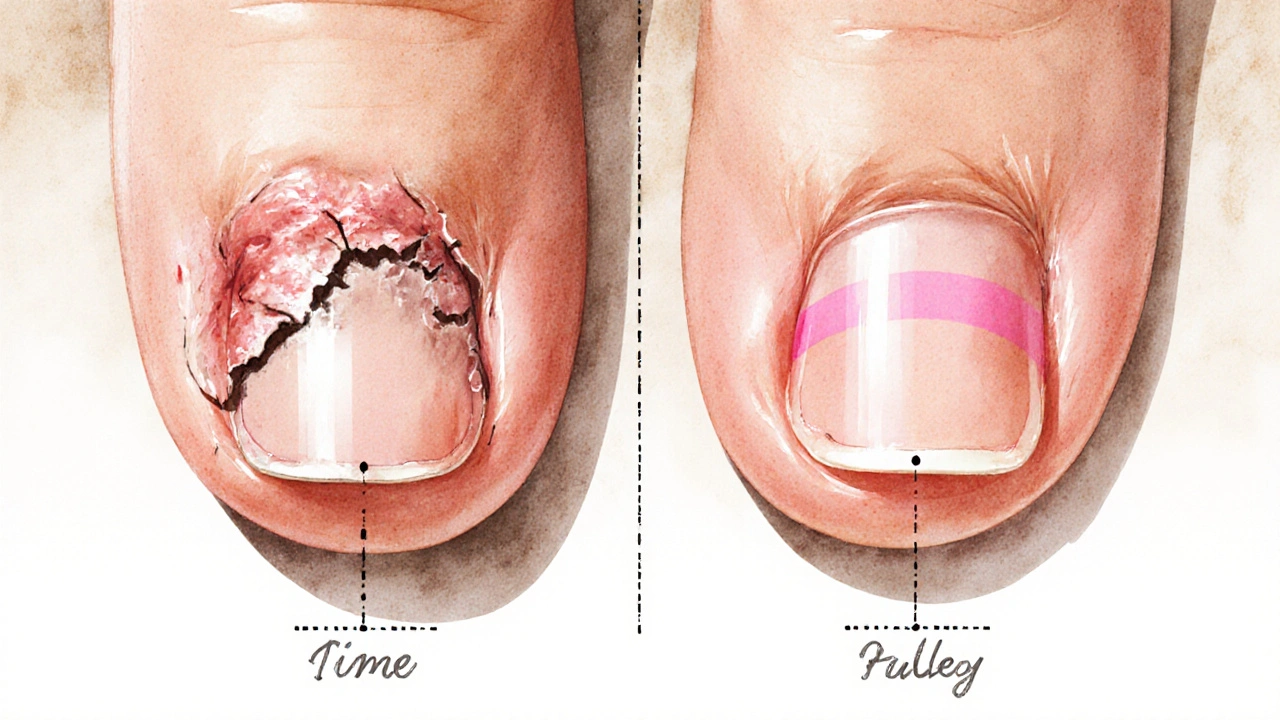 Přeměna poškozeného nehtu na zdravý neht v průběhu času.