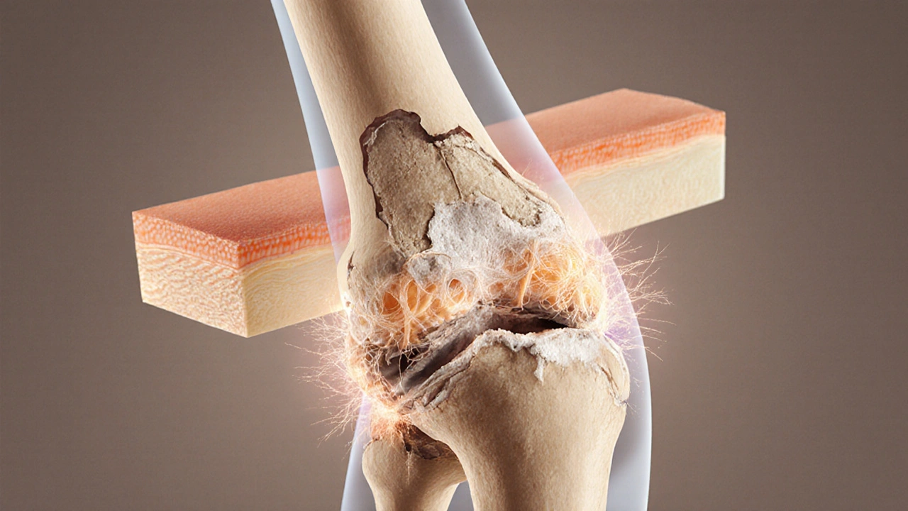 Průřez kloubu s tenkou chrupavkou a rozpadajícími se kolagenovými vlákny.