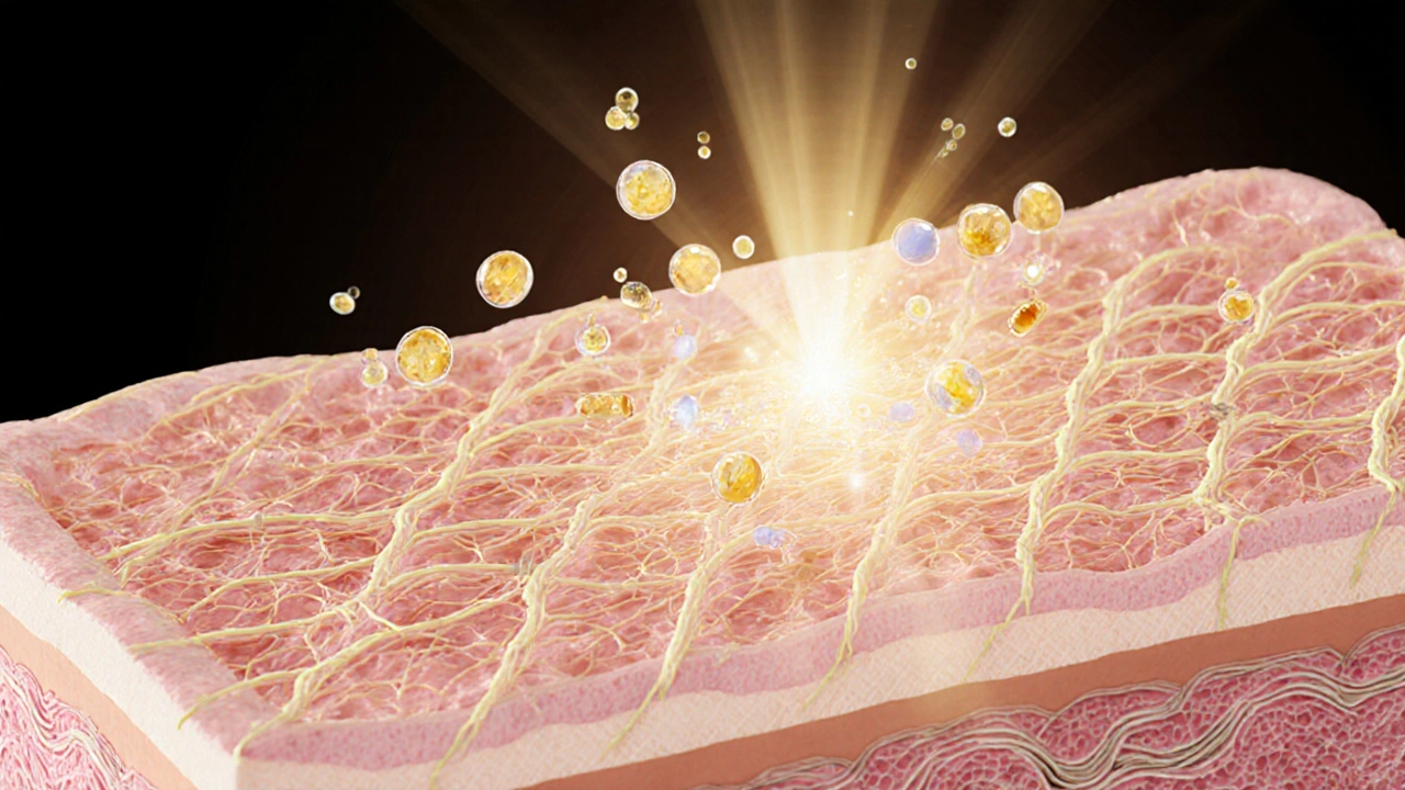 Průřez kůže s obnovou kolagenových vláken a aktivací vitamínu C a kyseliny hyaluronové.