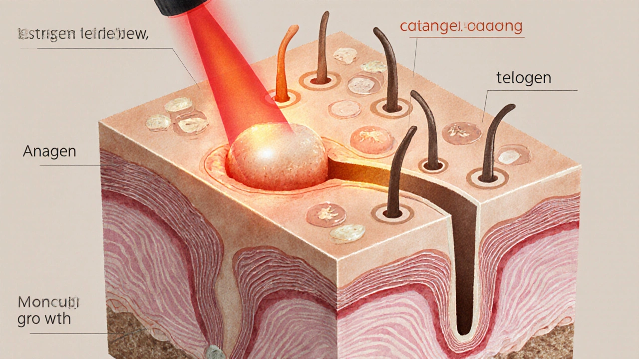 Průřez kůže ukazující laserové zahřívání vlasových folikulů v různých fázích růstu.