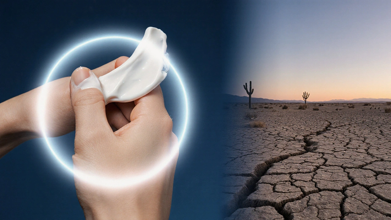 Ruka aplikuje krém s dimethiconem při soumraku, kde se udržuje vlhkost, proti suché krajince.