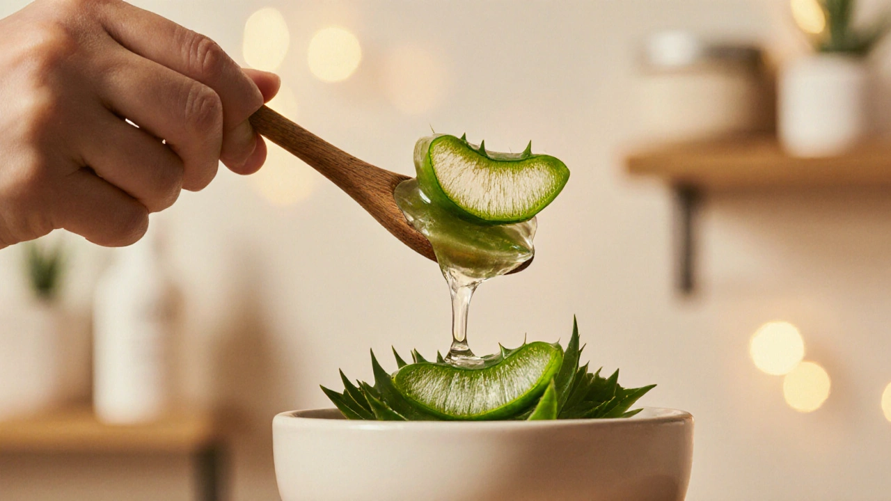 Ruka odstraňuje čistý gel z listu aloe vera pomocí lžíce do skleněné nádoby.