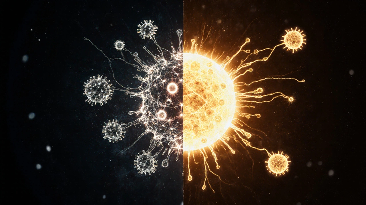 Schematický obraz oslabené imunitní systémové sítě s nízkým vitamínem D a vysokým IgE, kontrastující se zdravým systémem.