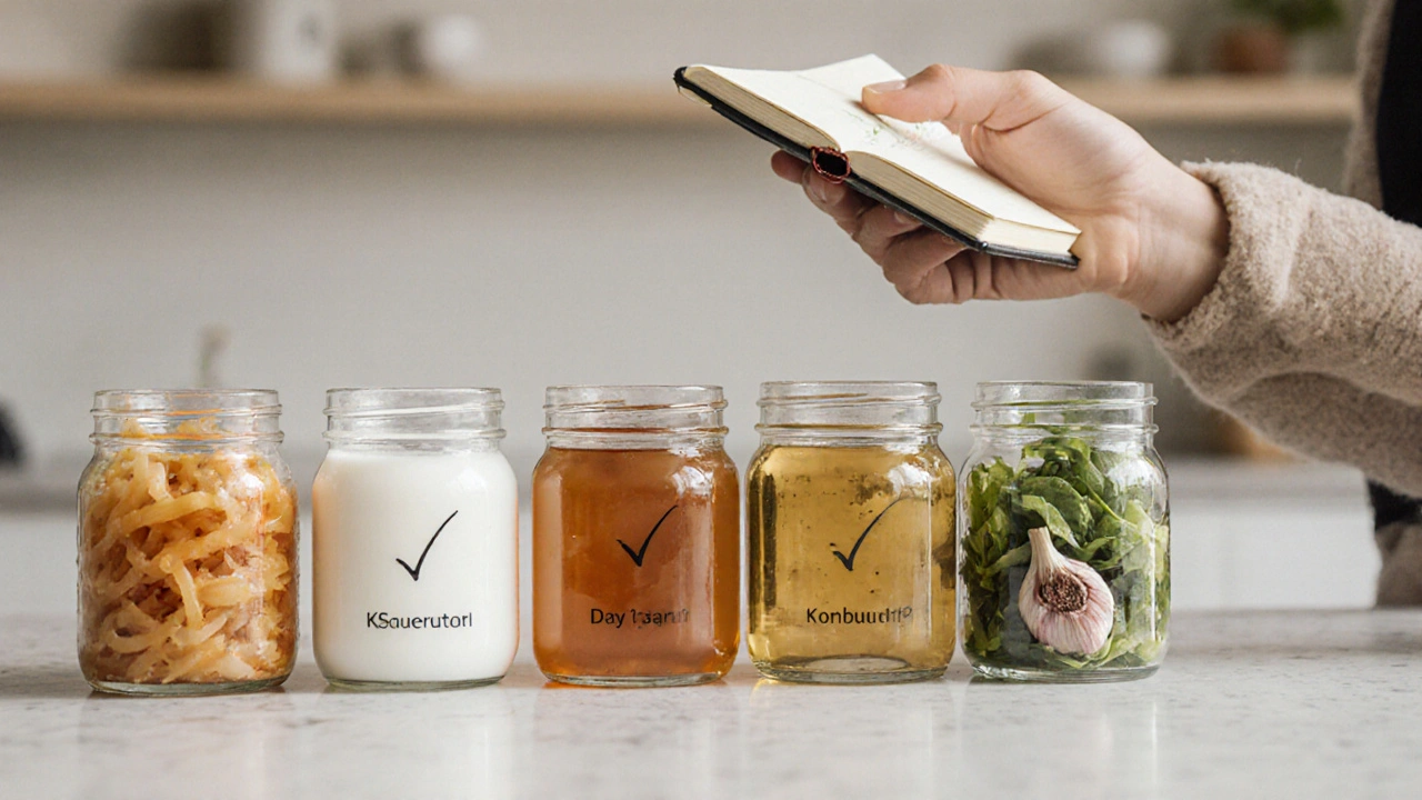 Sedm skleněných nádob s kvašenými potravinami v pořadí 7denního plánu.