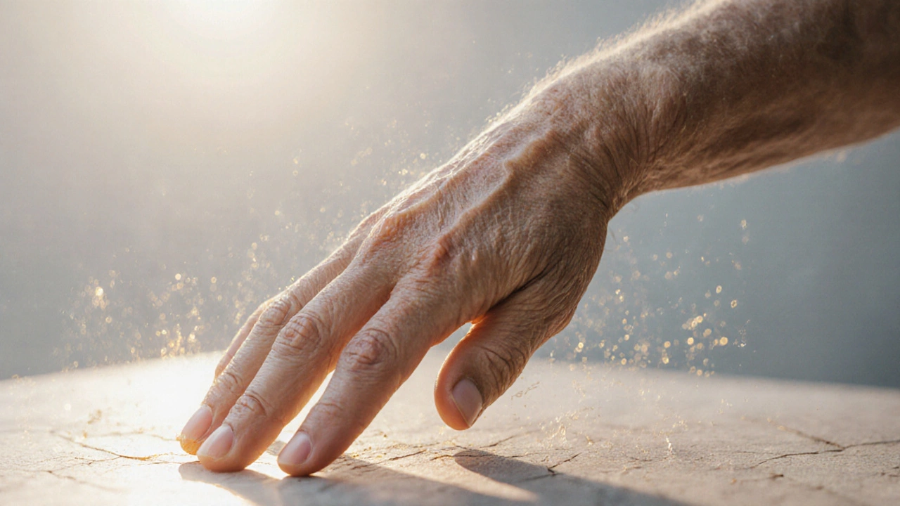 Stárnející ruka se napíná, kůže se vyhlazuje, kolagenové nitky se tvoří pod povrchem.