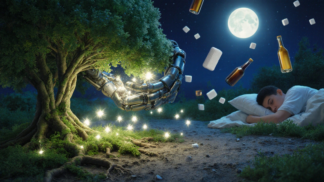 Surreální obraz střevního ekosystému ničeného mechanickou rukou.