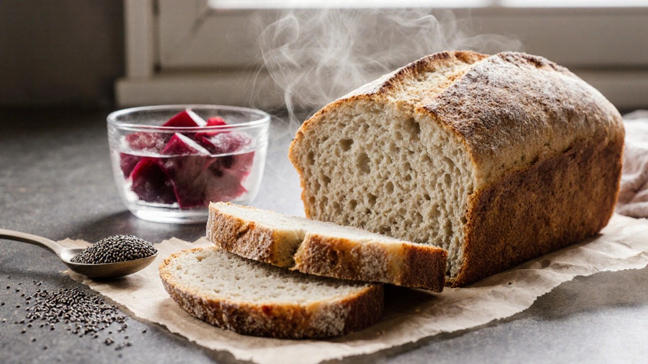 Svěží kvasnicový chléb se kouskem syrové řepy a chia semínky ve vodě, připravené na snídaně.