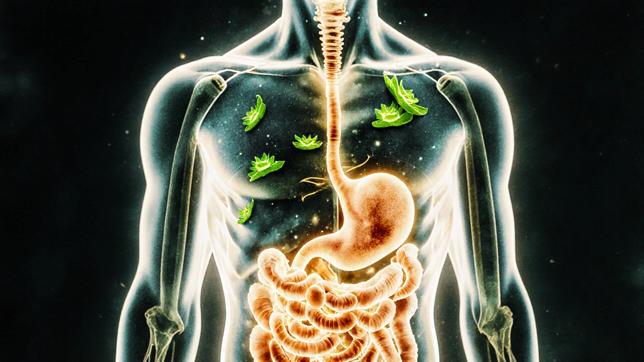 Translukentní tělo s proudy aloe vera živin proudících do pokožky a střev, stylizované vodovými barvami.